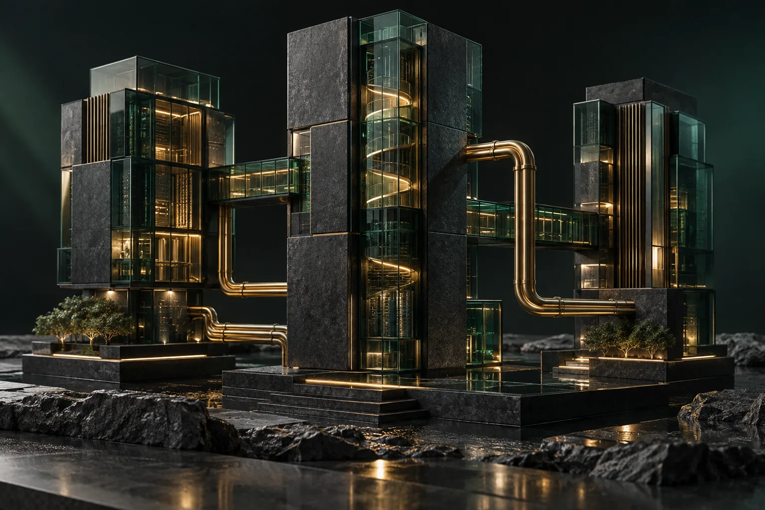 Abstract architectural illustration of connected graphite and green glass structures with brass links