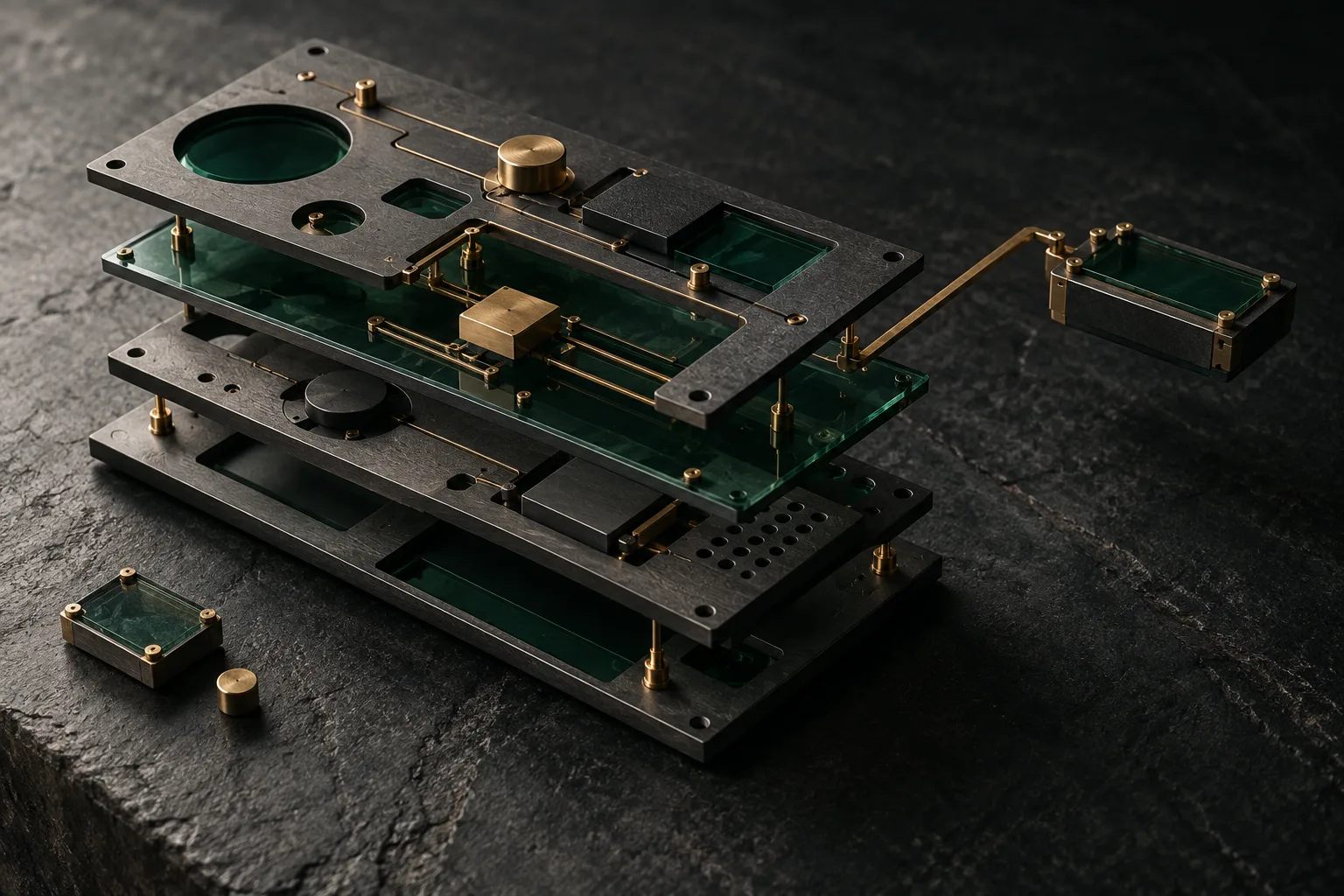 Illustration of layered engineering components connected by brass traces