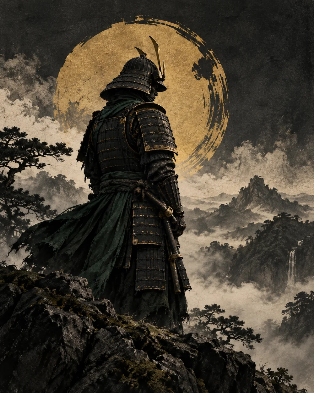 Ink and gold illustration of a samurai standing watch — WFH's spirit of loyalty and resolve
