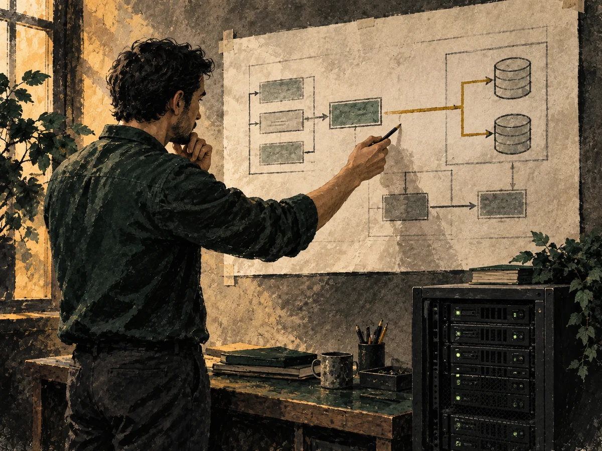 Illustration of an engineer tracing application dependencies on a wall-sized system map.