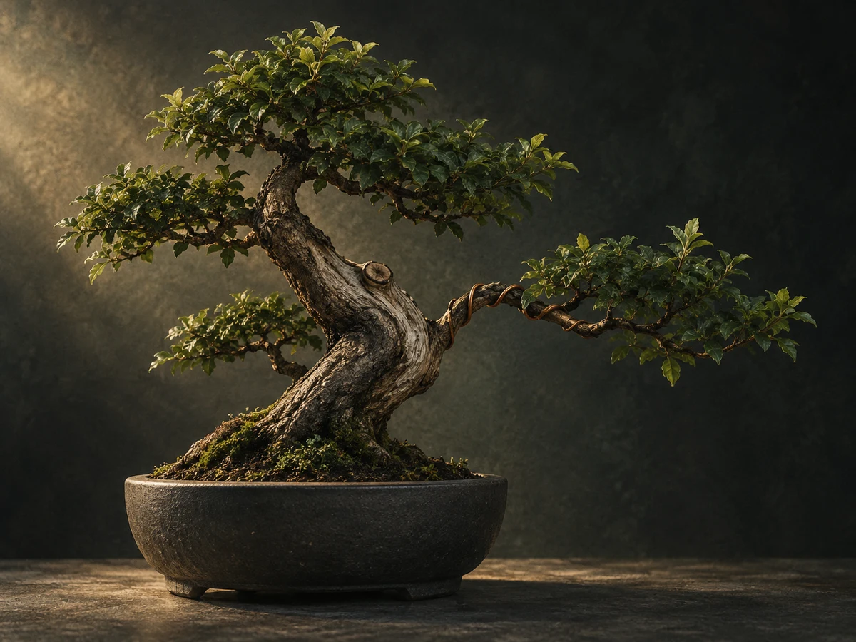A mature bonsai with fresh growth and a carefully supported branch shows sustained care over time.