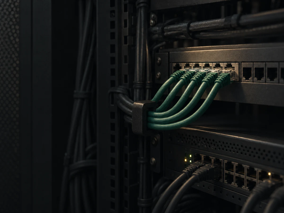 A carefully rerouted group of network connections within an existing server cabinet.