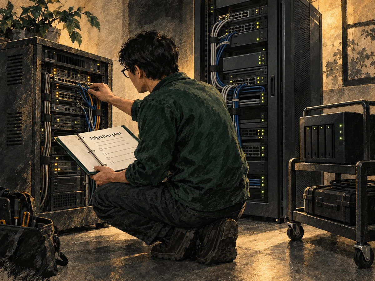 Illustration of an engineer checking a migration between older and replacement server equipment.