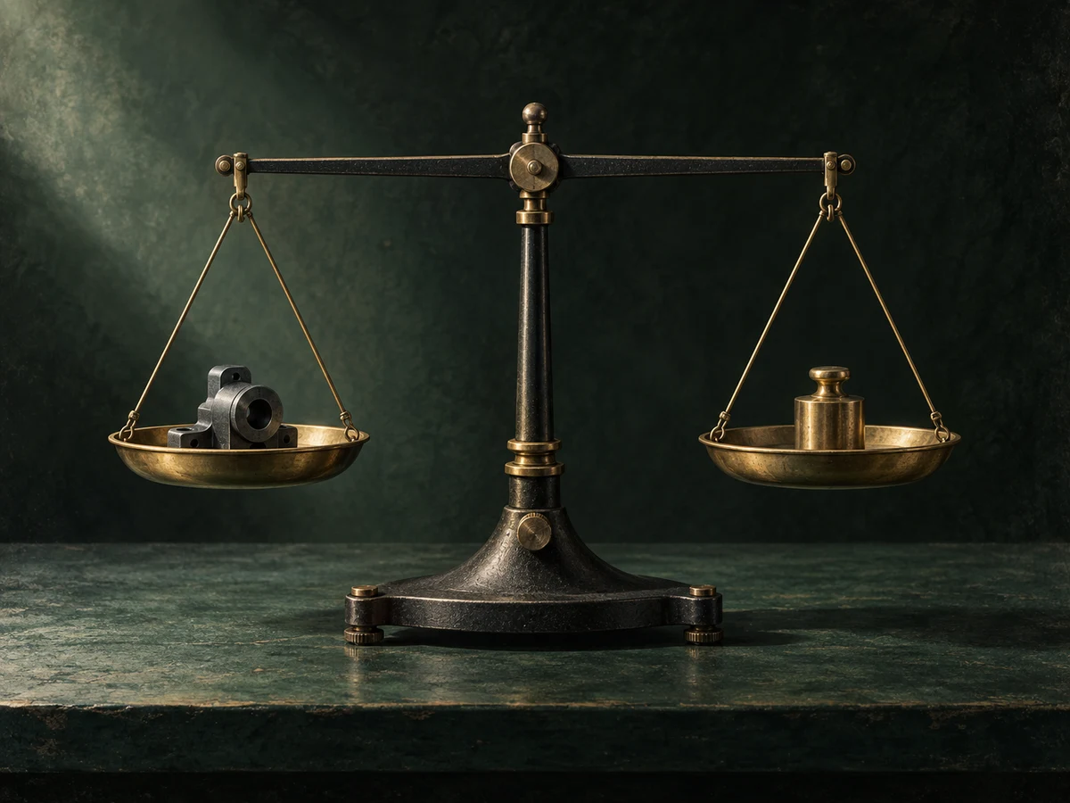 A precision balance compares a dark metal component with a brass reference weight.