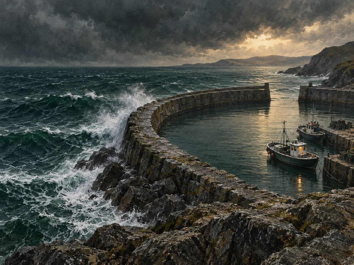 A curved stone breakwater shelters a small harbour from rough open water.