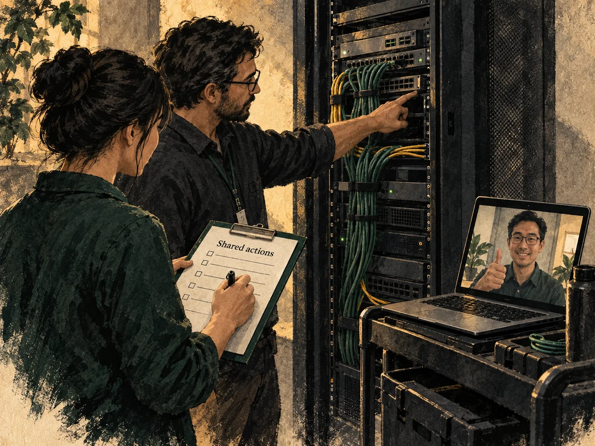 Illustration of a consultant and an IT provider jointly checking an agreed infrastructure change.