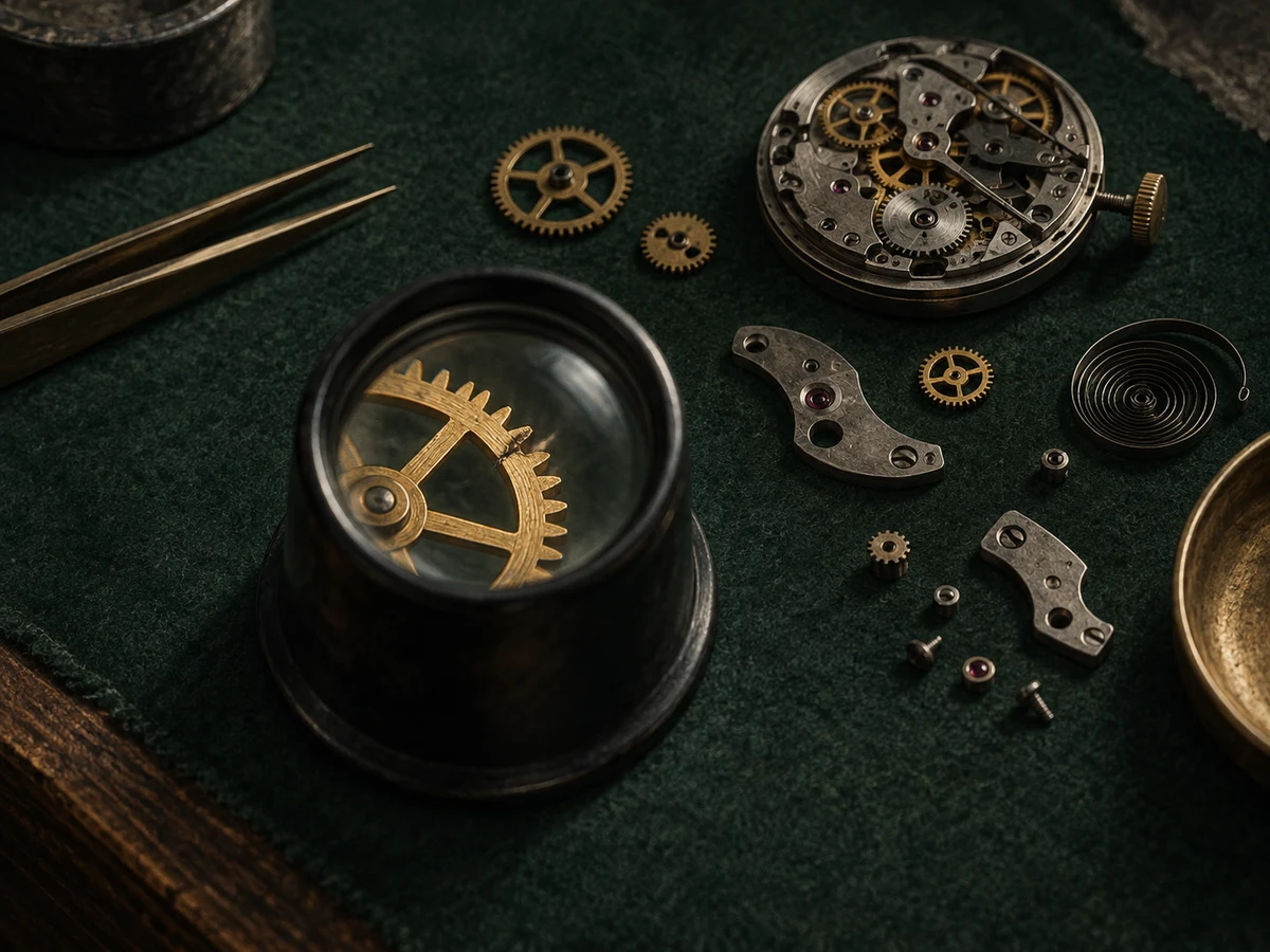 Watch components arranged on a dark workbench, with a loupe focused on one small gear.