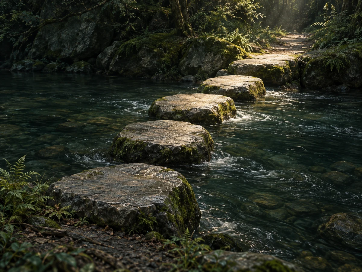 Broad stepping stones form a deliberate crossing over a quiet stream to a firm bank.
