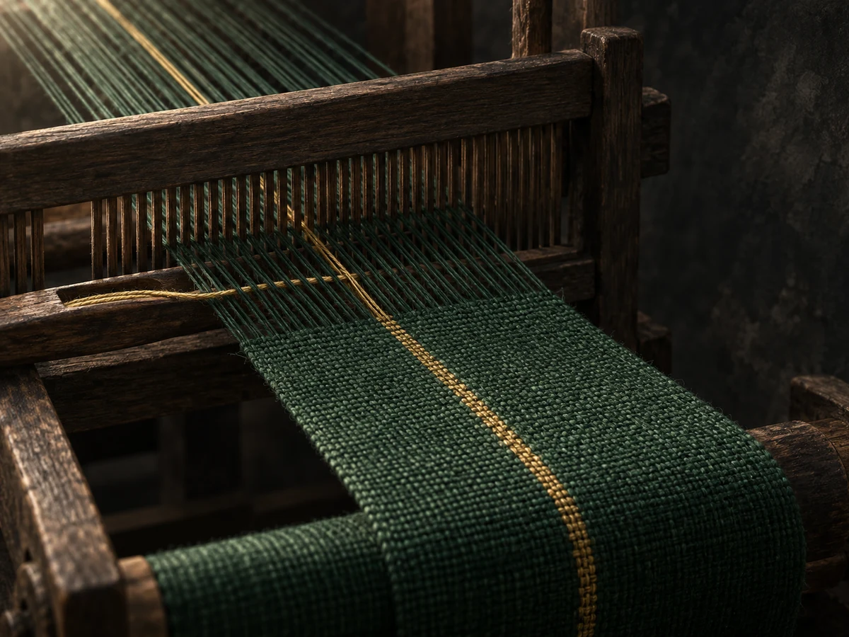 A continuous gold thread runs through a wooden loom into a tightly woven green textile.