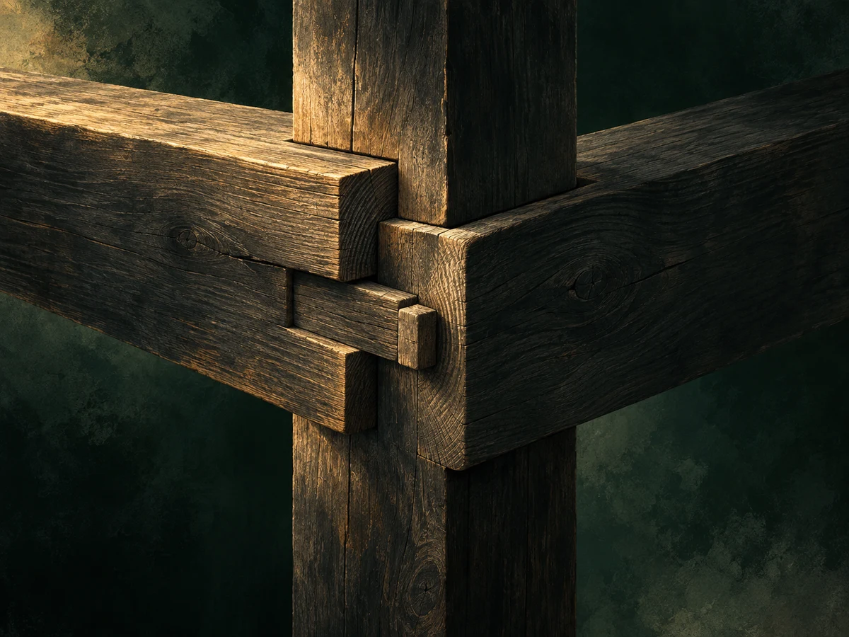Close view of interlocking timber beams held together by carefully fitted joinery.
