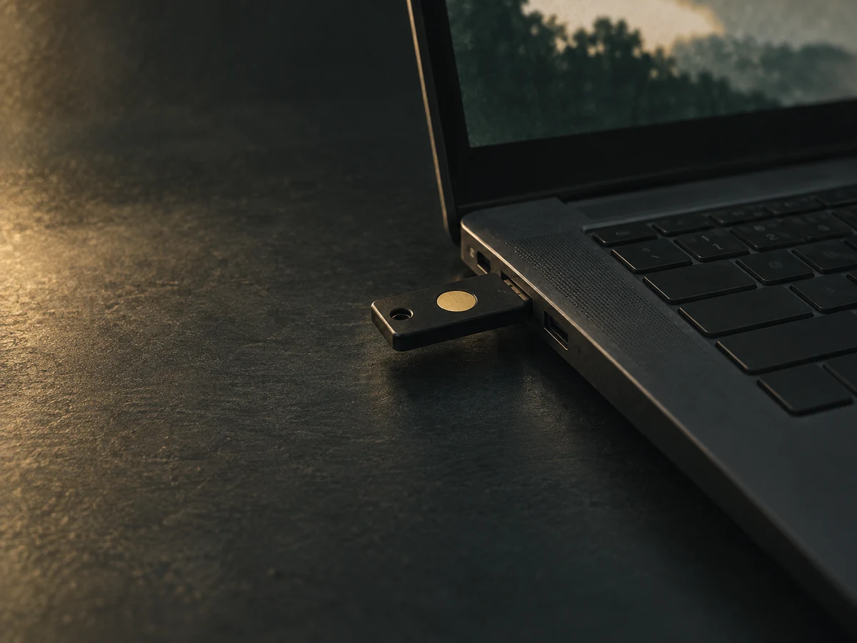 A physical security key connected to a laptop on a quiet desk.