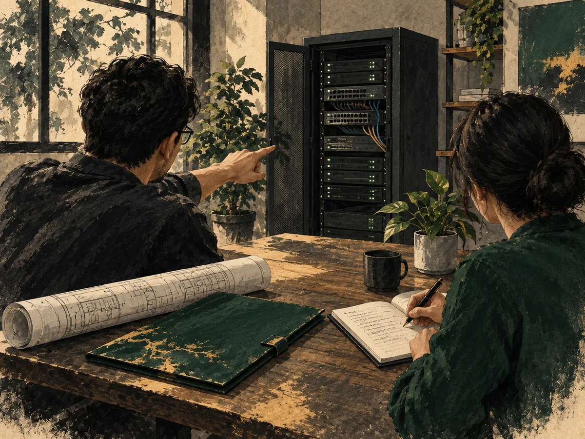 Illustration of an engineer and client reviewing a system, a security report and an implementation plan.