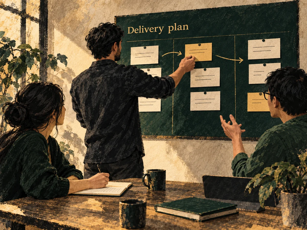Illustration of a technical lead coordinating priorities with engineers around a project board.