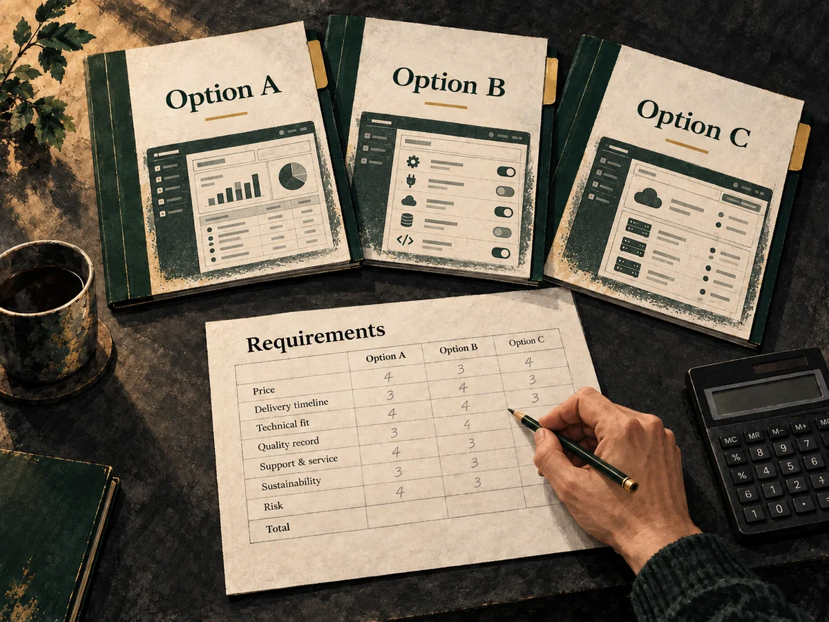 Illustration of three supplier proposals being compared against the same requirements.