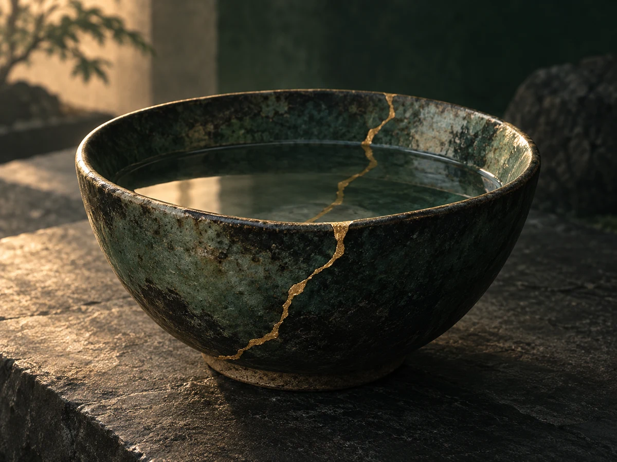 A dark ceramic bowl restored with fine gold seams holds still water.