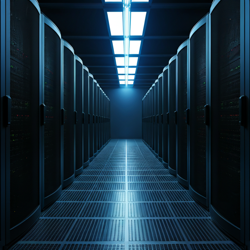 High-density data centre with atmospheric blue lighting