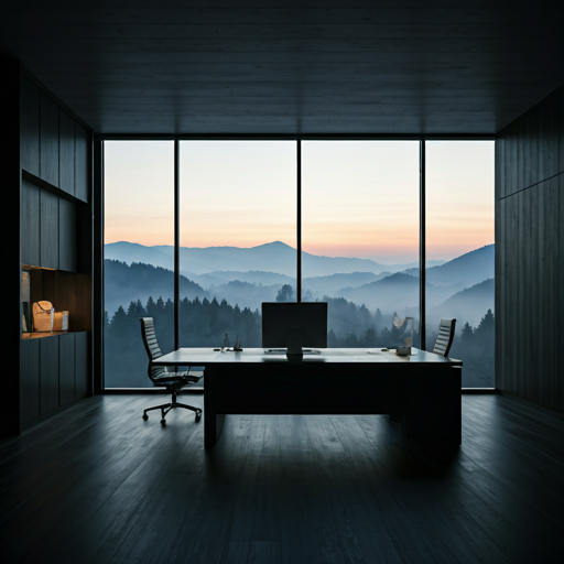 Premium corporate office interior overlooking foggy mountain range